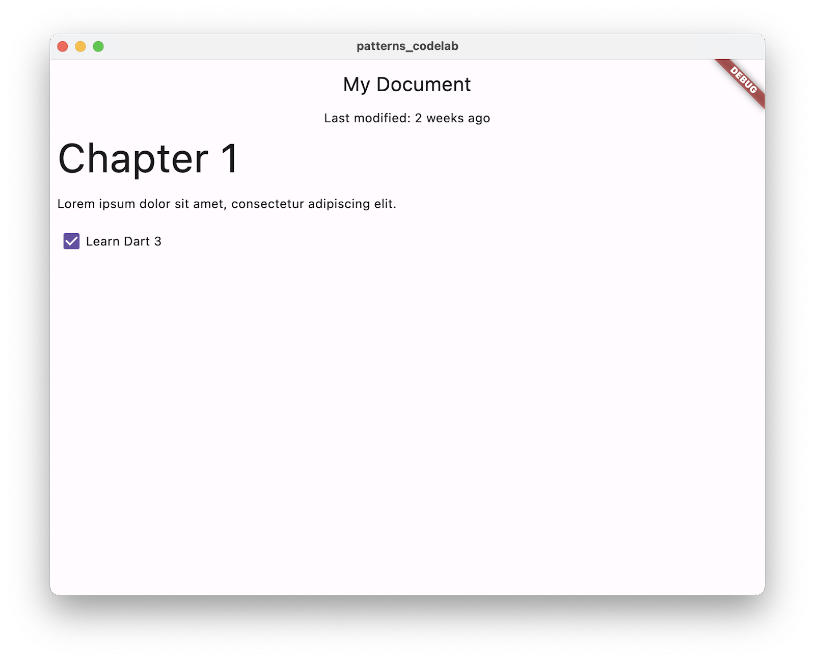 Uma captura de tela do app que contém uma caixa de seleção "Aprenda Dart 3" que agora está marcada.