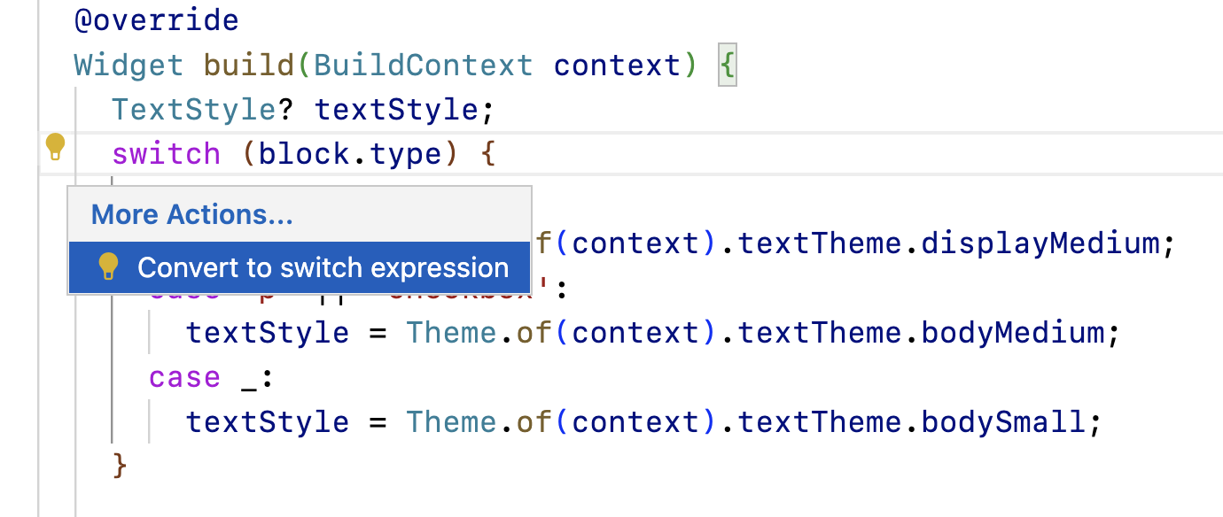 A screenshot of the 'convert to switch expression' assist available in VS Code.
