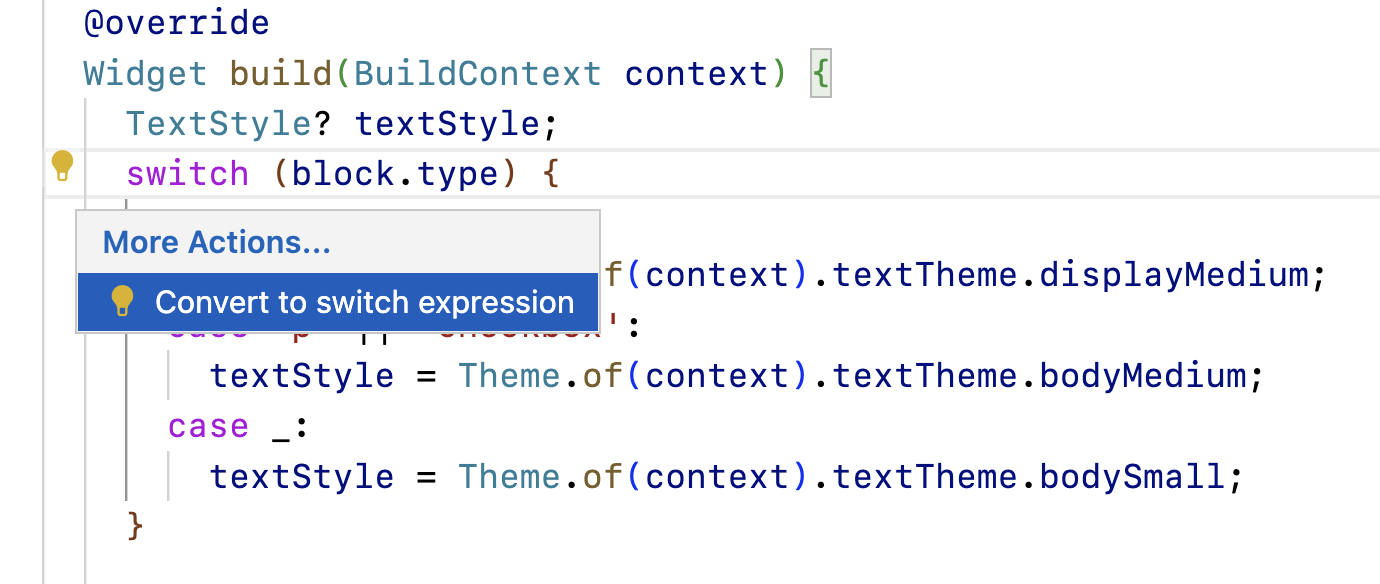 The 'convert to switch expression' assist available in VS Code.