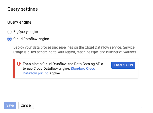 The Query settings menu with the Enable APIs prompt