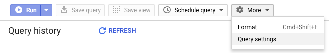 התפריט הנפתח More (עוד) בממשק המשתמש של BigQuery באינטרנט עם האפשרות &#39;הגדרות שאילתה&#39;