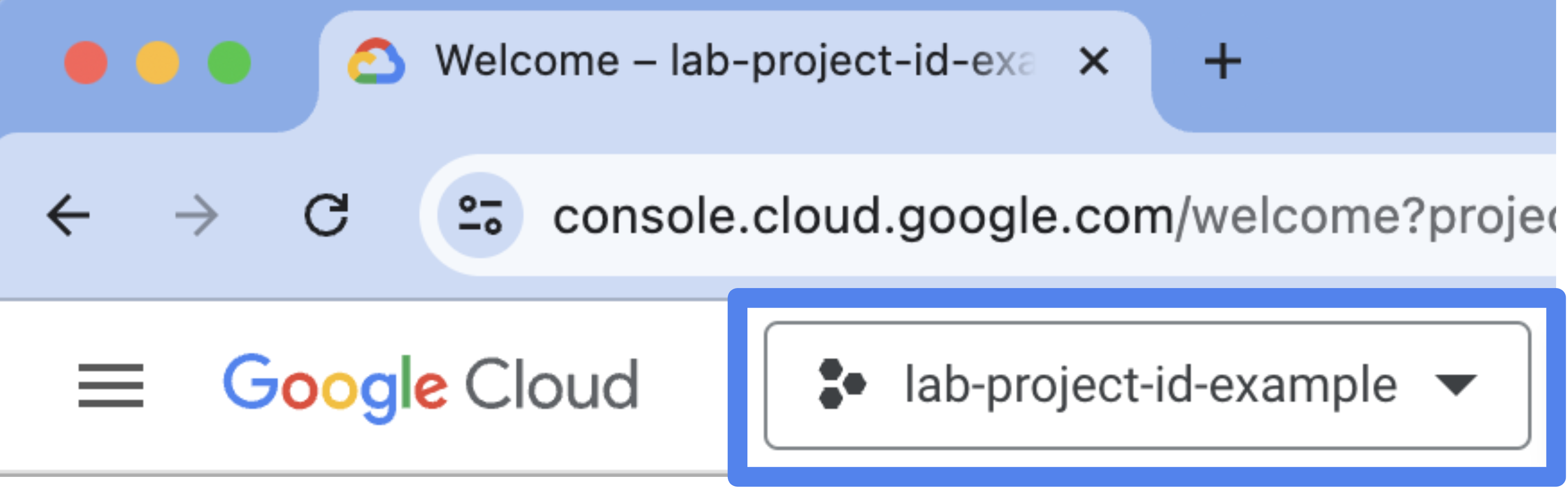 القائمة المنسدلة لمشاريع Google Cloud Console