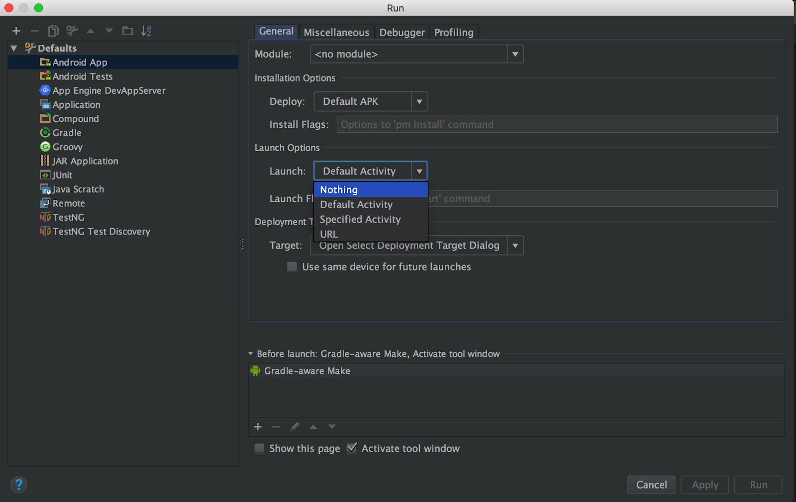 Rozwiń menu, aby skonfigurować ustawienia uruchamiania i uruchomić usługę za pomocą Android Studio.