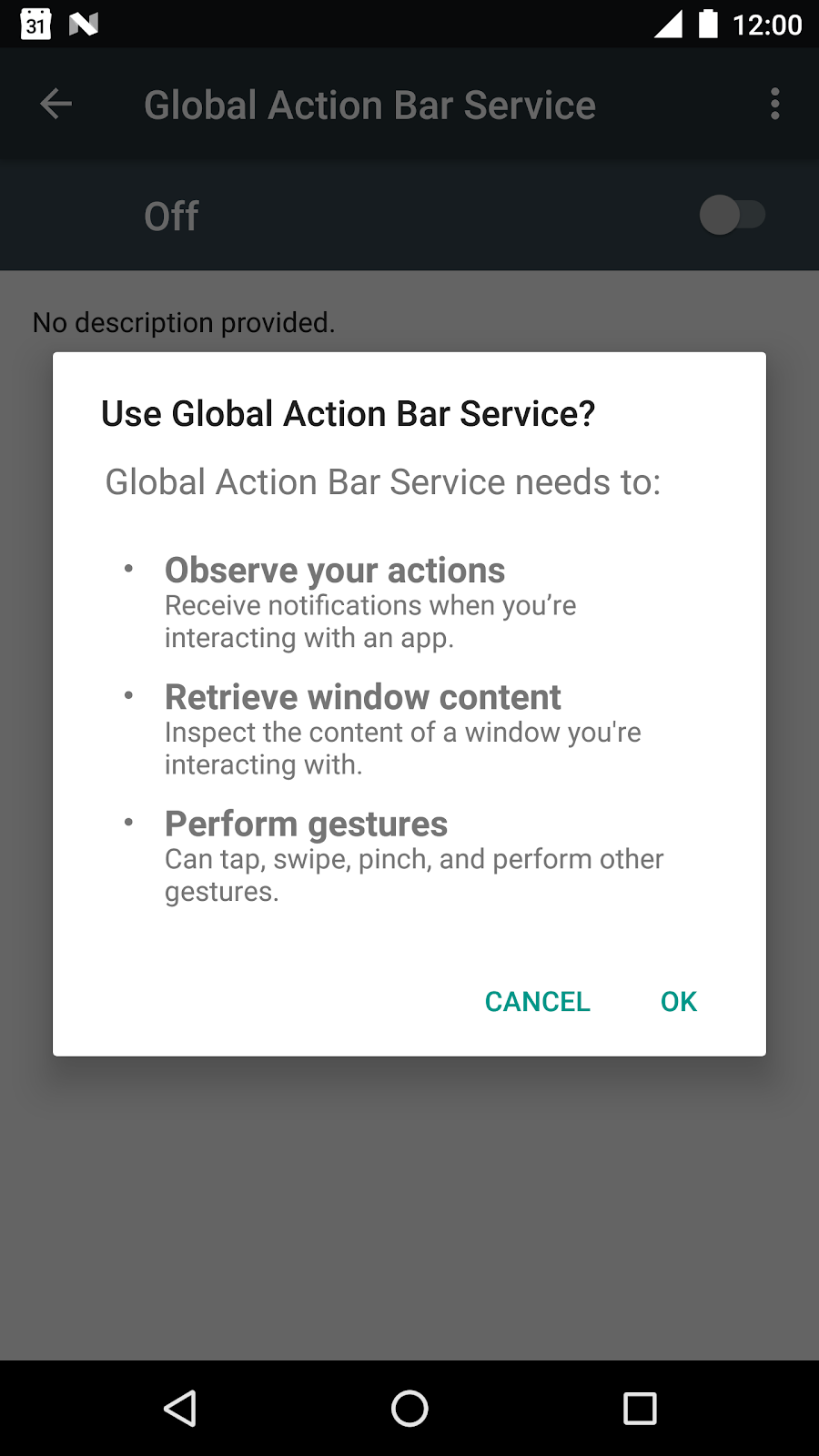 Accessibility service permission dialog.