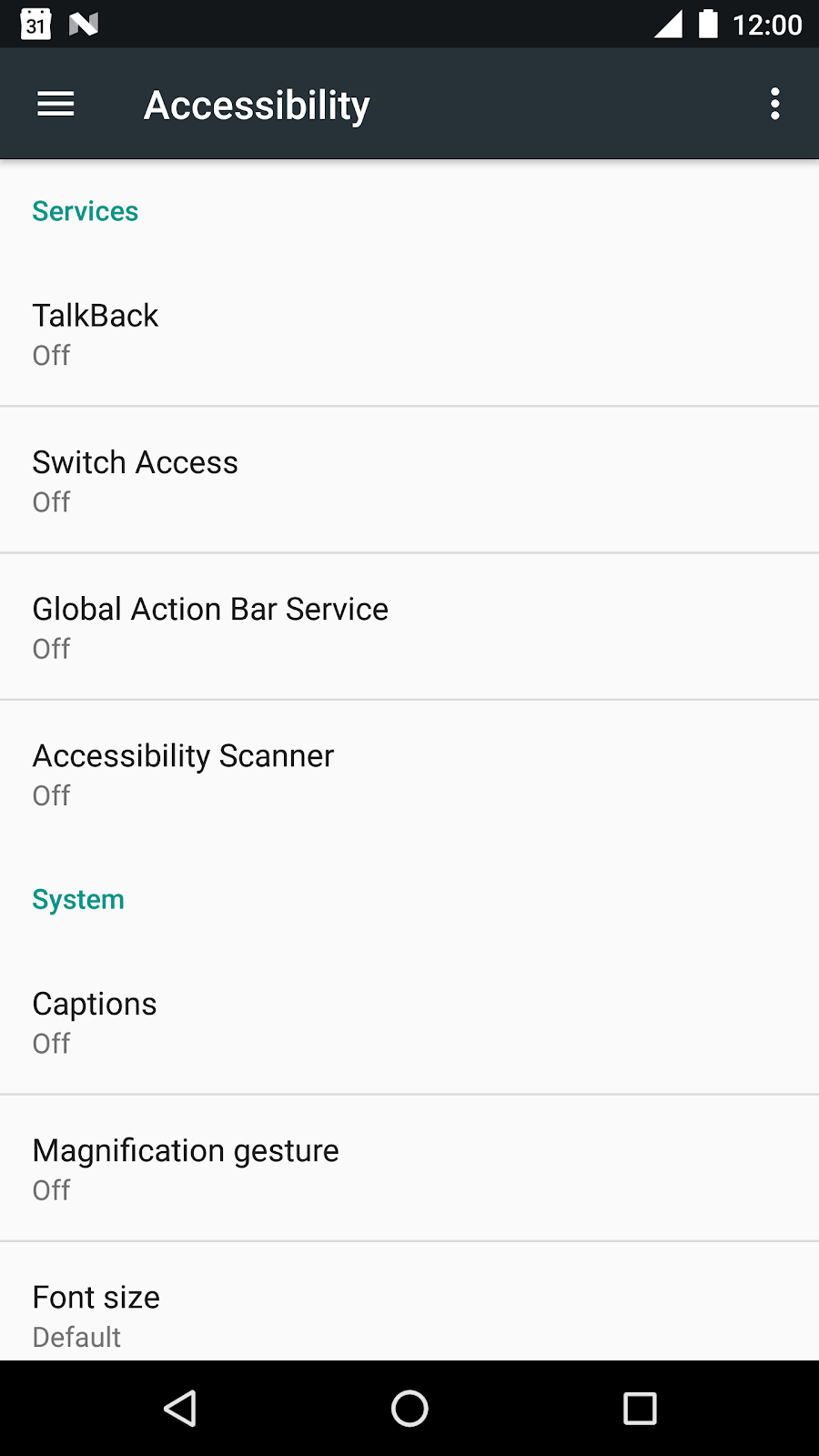 Tela de configurações de acessibilidade