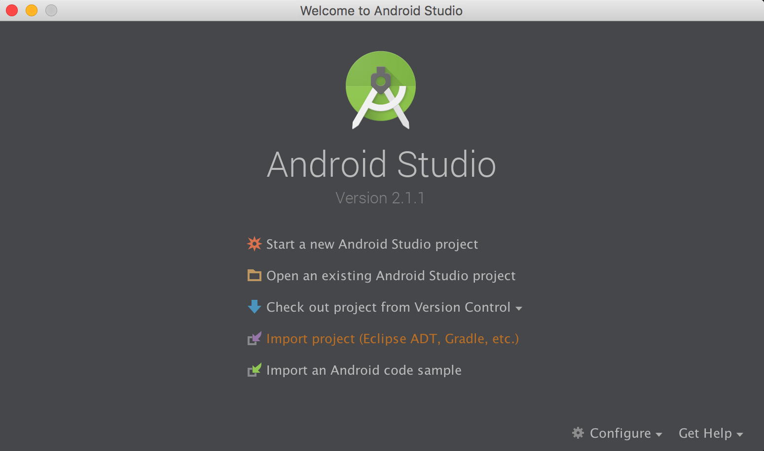 La schermata di benvenuto di Android Studio. 