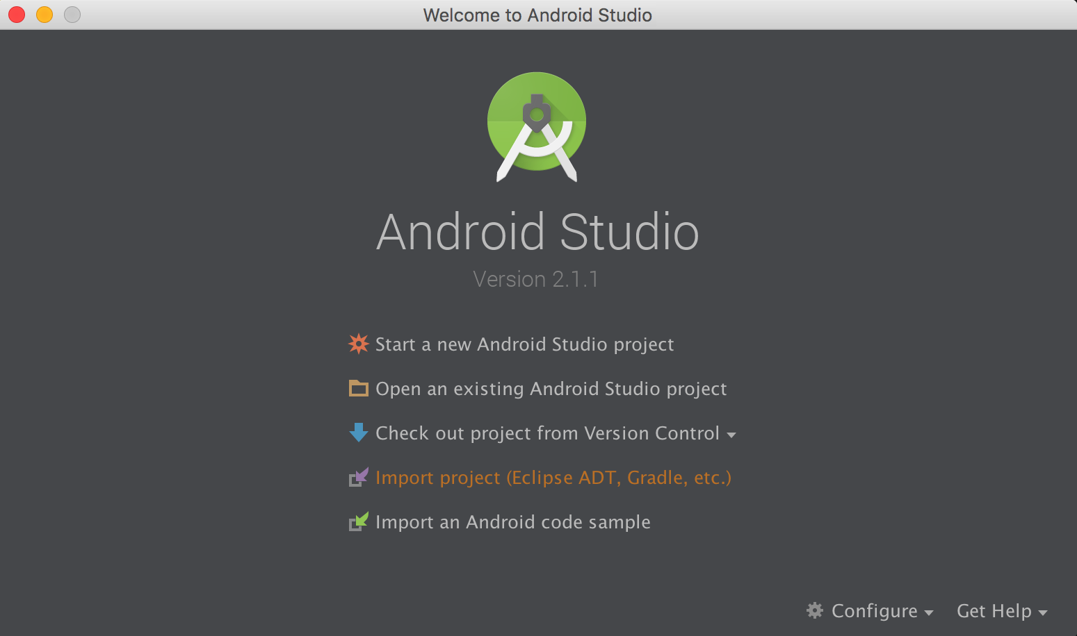 The welcome screen for Android Studio. 