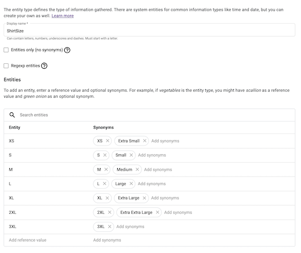 Tipo de entidade @ShirtSize