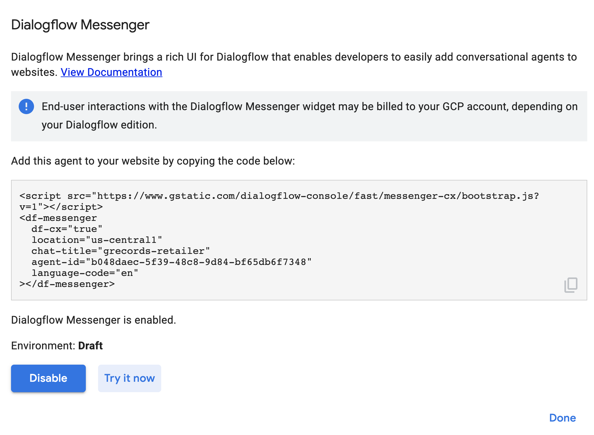 Prova subito Dialogflow Messenger