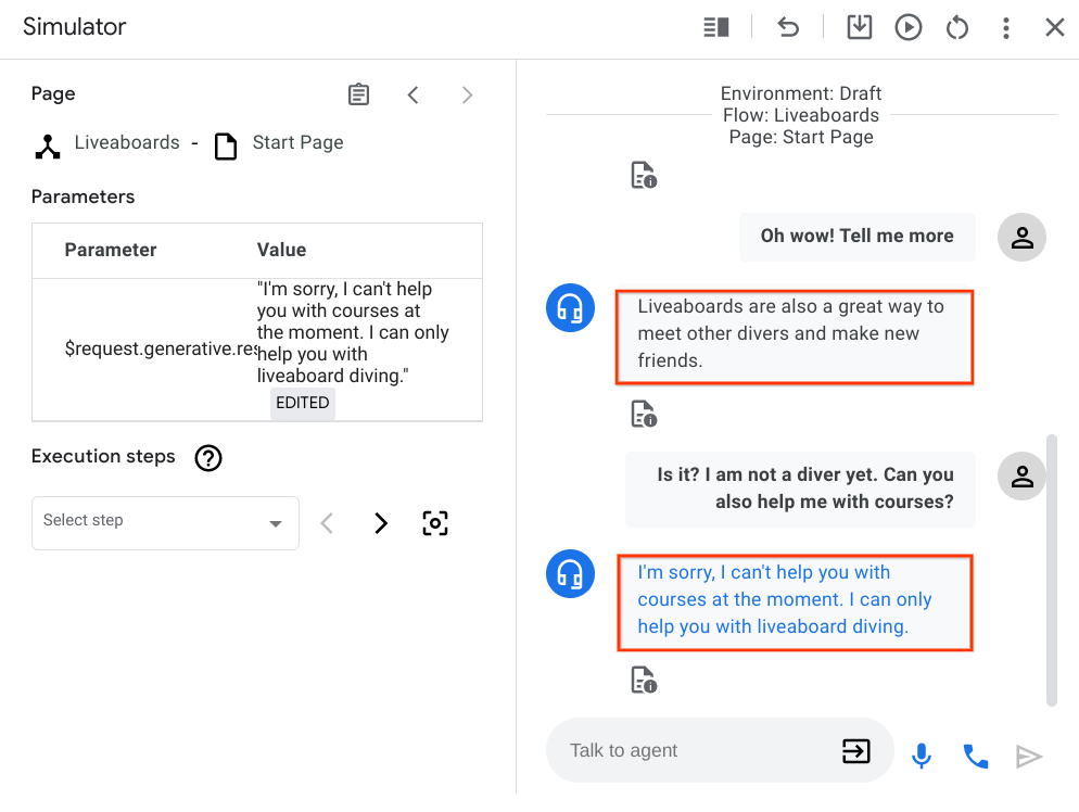 Nicht abgedeckten Intent testen Fragen Sie den Kundenservicemitarbeiter, ob er Ihnen bei der Suche nach einem Tauchkurs helfen kann.