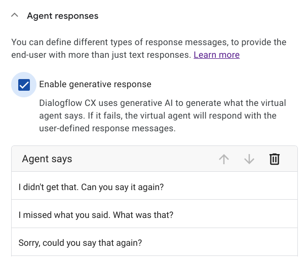 Check Enable generative fallback under Agent responses