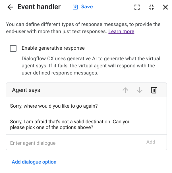 Autres invites Messages de confirmation alternatifs statiques lorsque l'utilisateur final saisit une destination non valide.