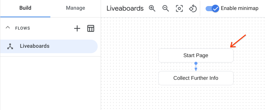 Switch to the Build tab and open the Start Page of the Liveaboards flow. 