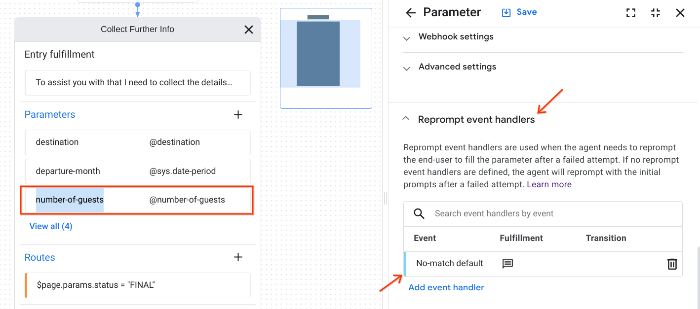 Gehen Sie zum Ziel-Event-Handler für No-Match. Scrollen Sie dazu nach unten zum Abschnitt „Reprompt-Event-Handler“ und klicken Sie dann auf den Standard-Event-Handler „Keine Übereinstimmung“.