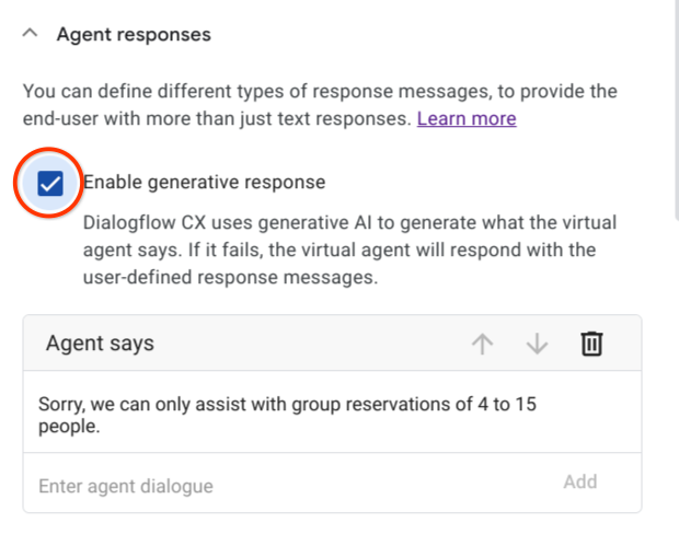 Mengaktifkan penggantian respons generatif pada parameter number-of-guest