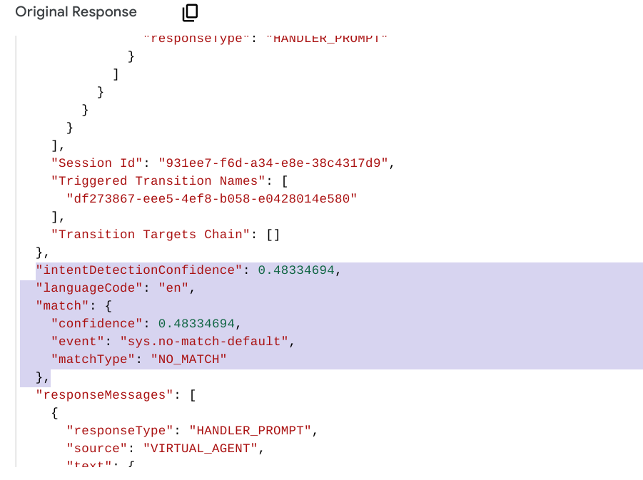 Respons JSON asli agen Memastikan peristiwa sys.no-match-default dimunculkan oleh Dialogflow