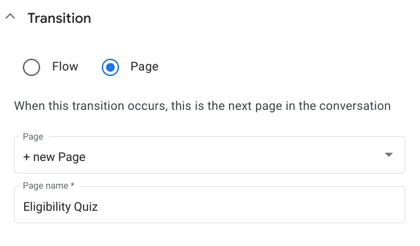 When confirmation.yes is triggered transitions to a new page Eligibility Quiz. 
