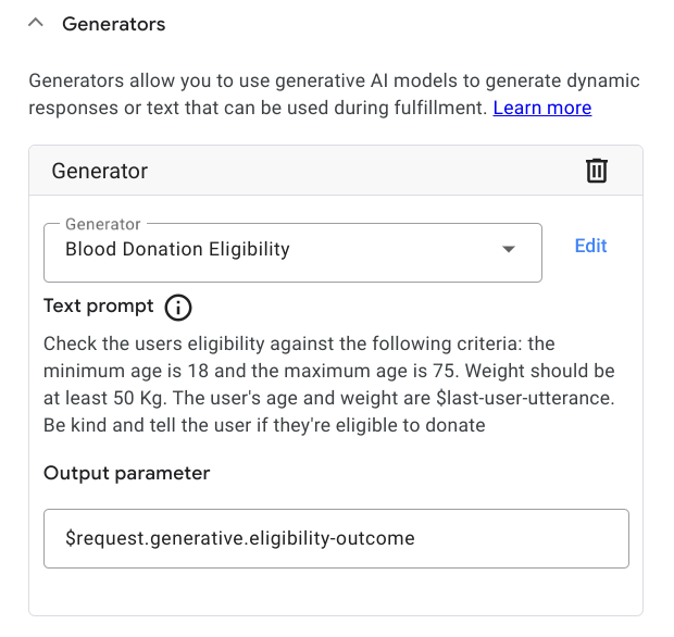 Select the “Blood Donation Eligibility” generator, associate prompt placeholders with session parameters and define the output parameter 