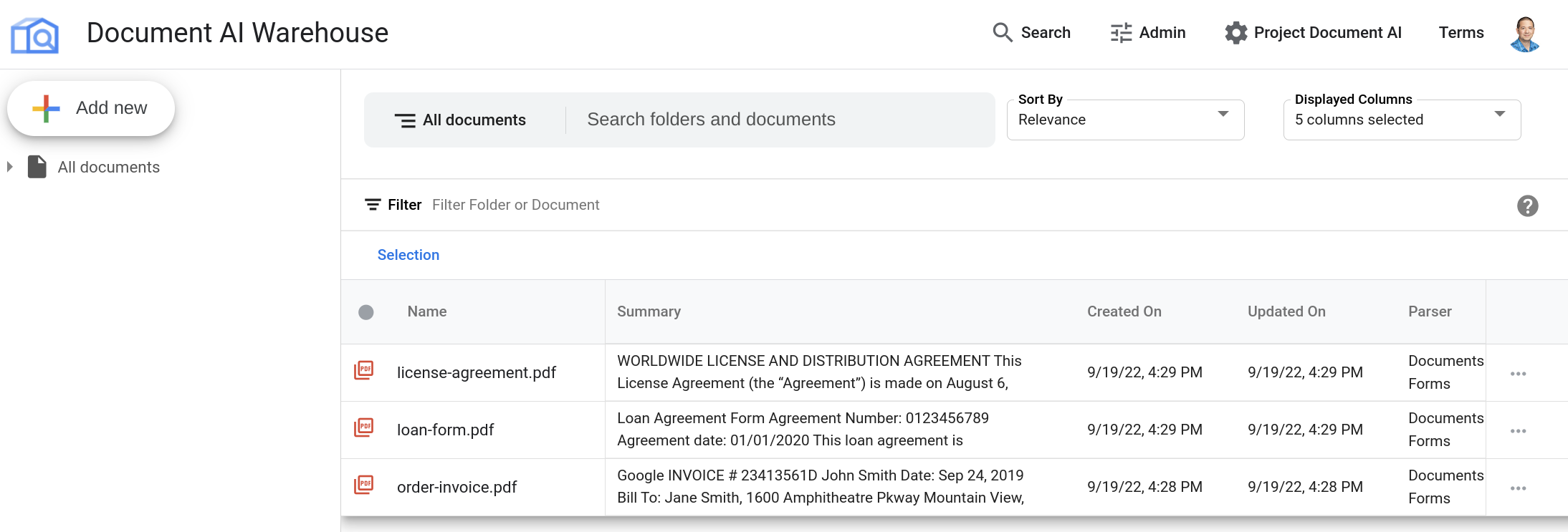 Documents traités dans Document AI Warehouse