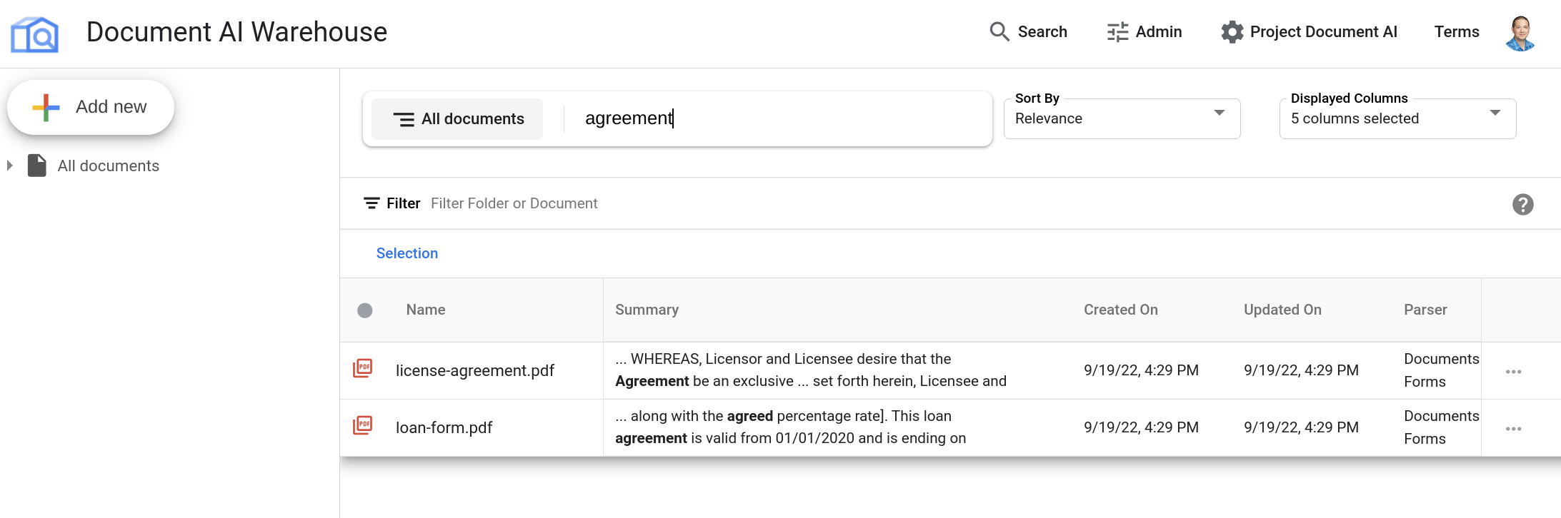 Suchergebnisse in Document AI Warehouse