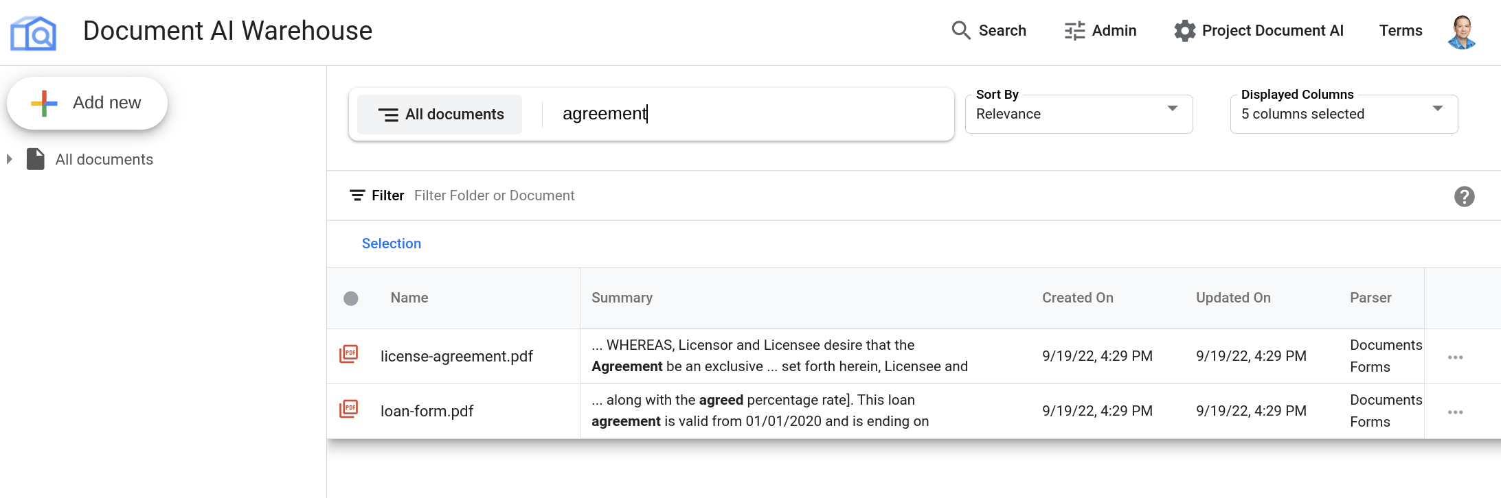 Resultados da pesquisa no Document AI Warehouse