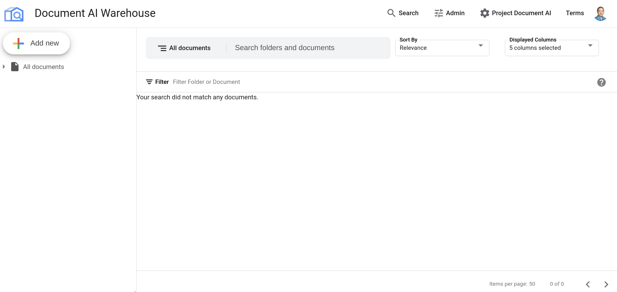 Dashboard di Document AI Warehouse