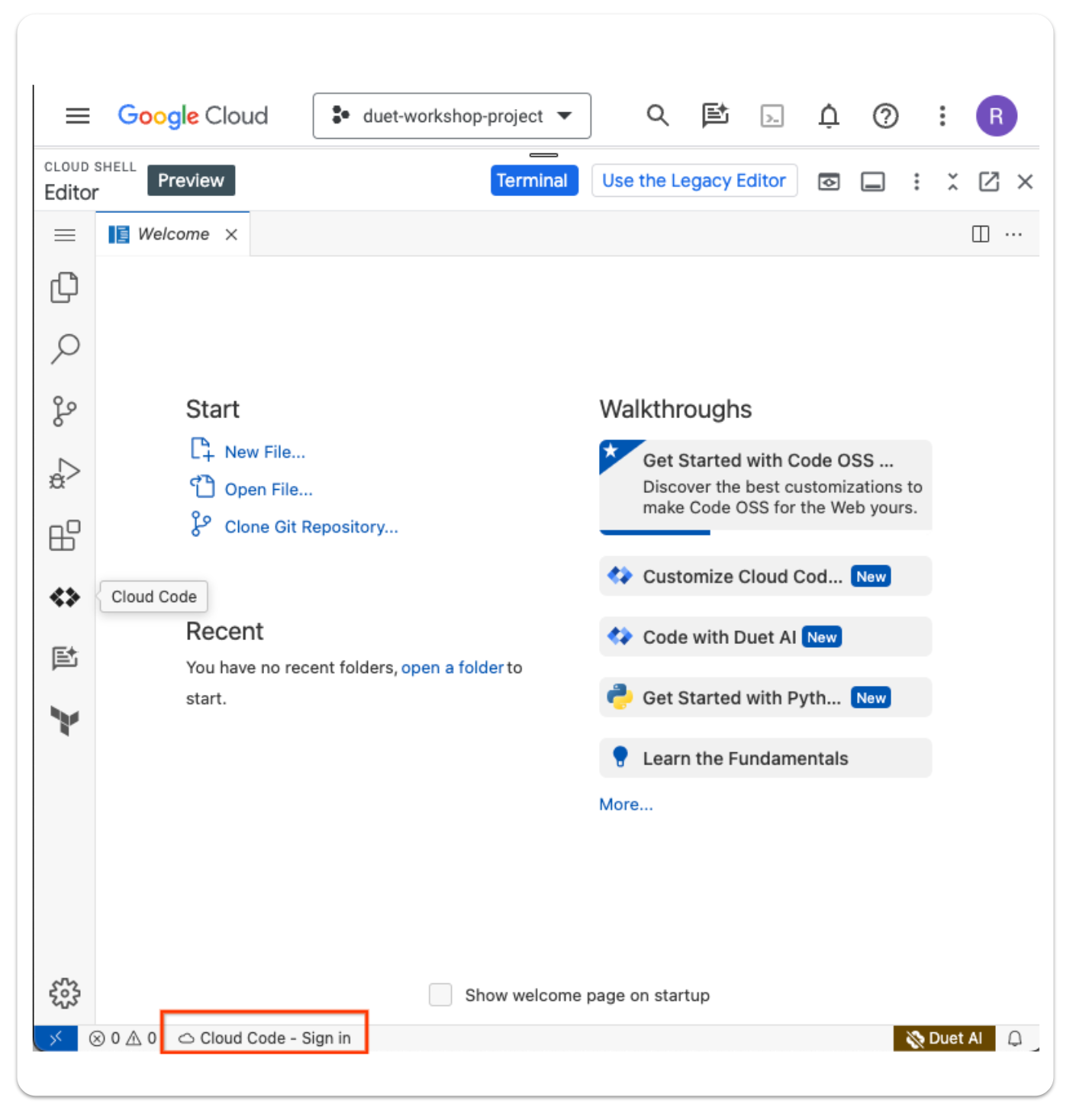 Bouton de connexion à Cloud Code