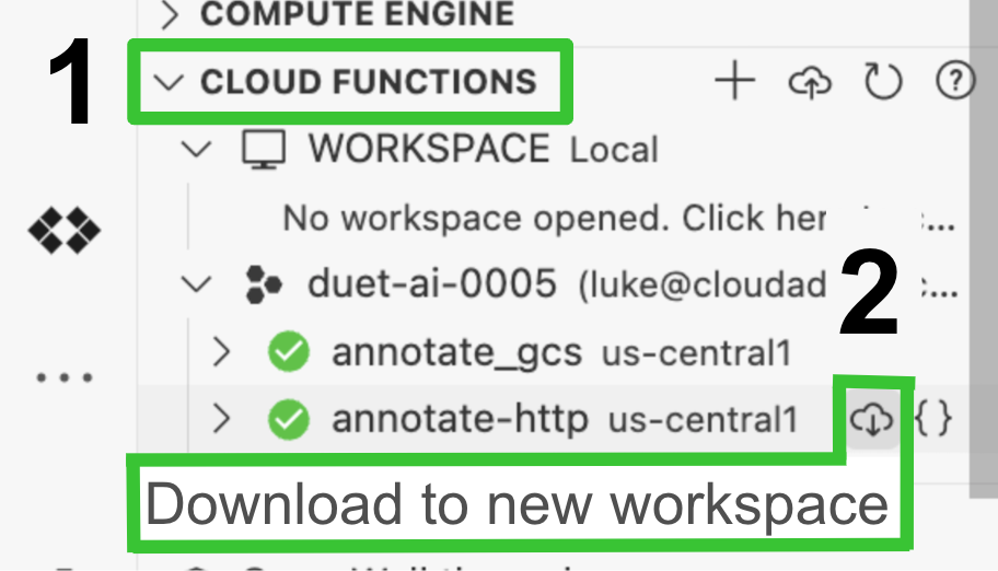 ícone de download no painel do Cloud Code