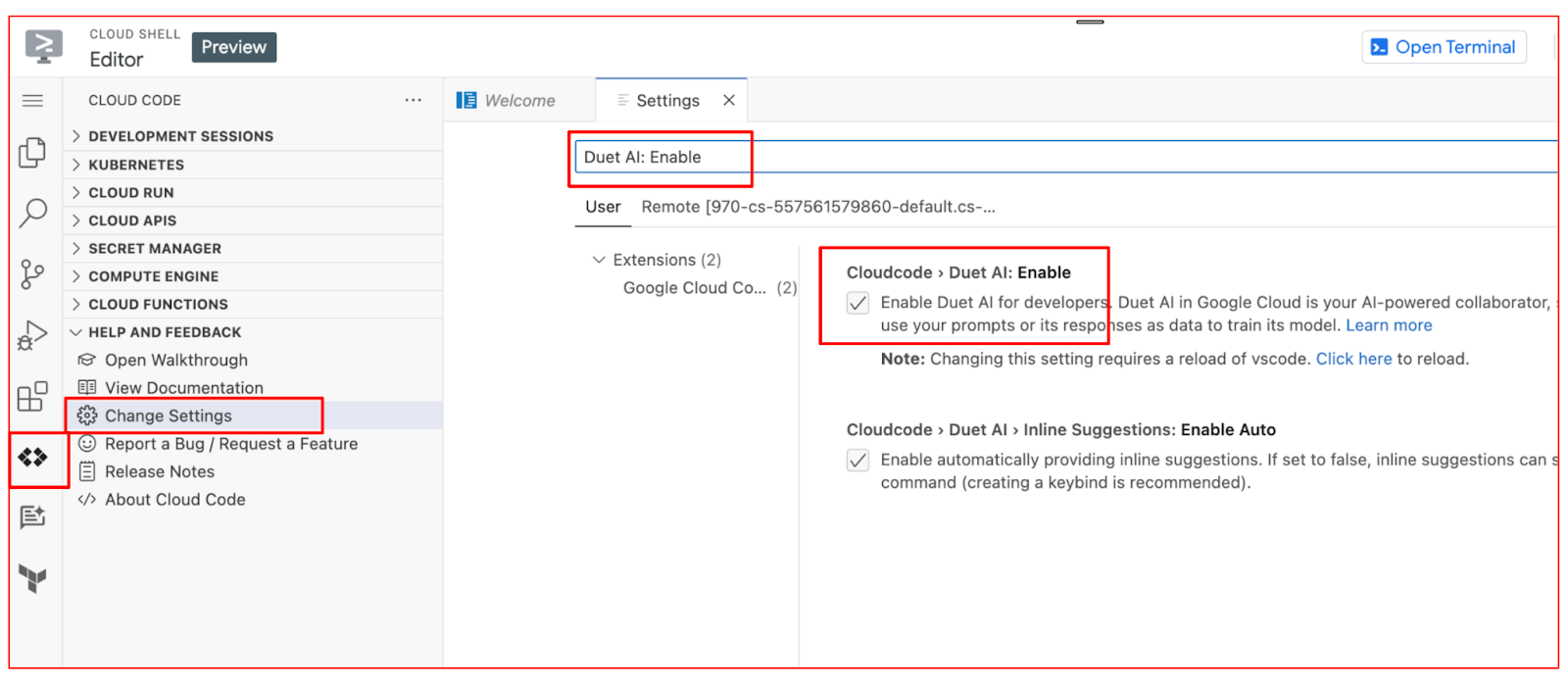 تفعيل إعداد Duet في &quot;محرِّر Cloud Shell&quot;