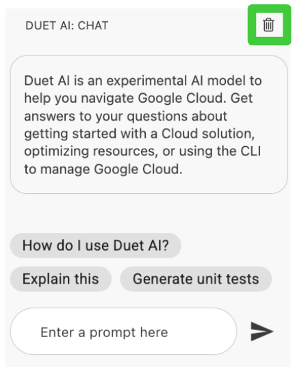 Destaque da lixeira para redefinição da conversa da Duet AI