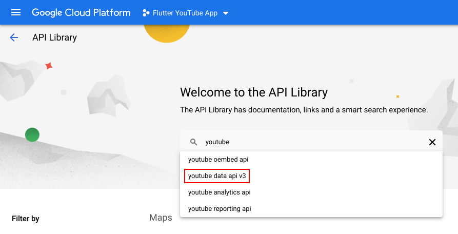 GCP konsolunda YouTube Data API v3 seçimi