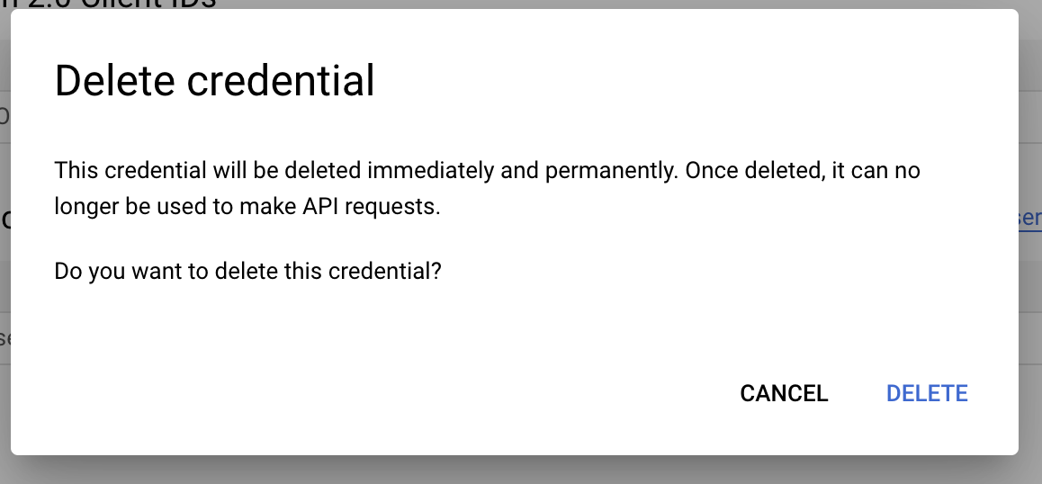 The Delete credential popup