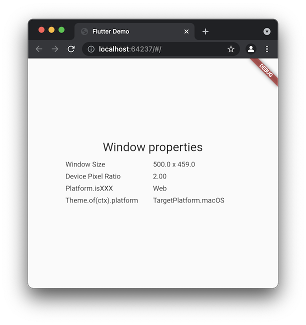 Showing window properties in the Chrome browser