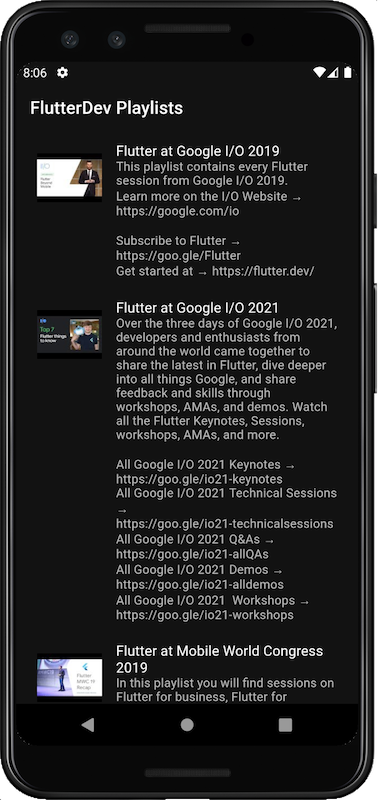 L&#39;app che mostra le playlist dell&#39;account YouTube di FlutterDev