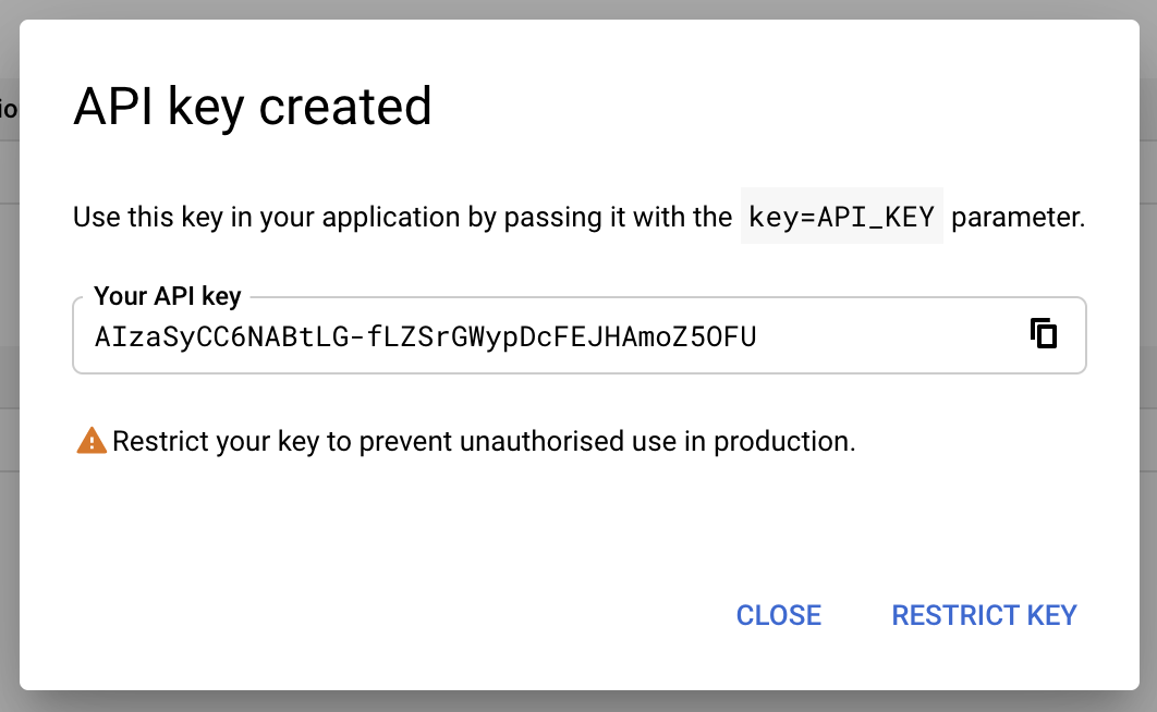 The API key created popup showing the created API key
