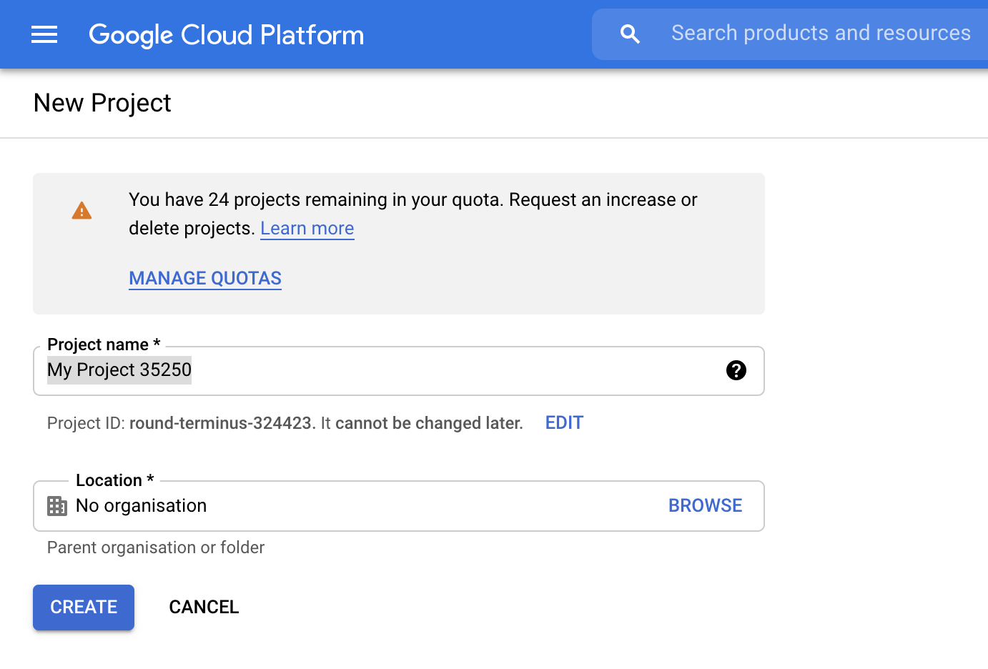 Showing the GCP console during the project creation flow