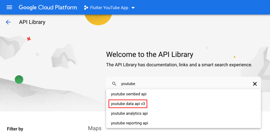 Selecting the YouTube Data API v3 in the GCP console