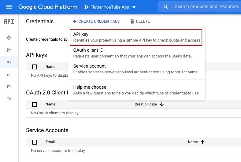 Creating credentials in the GCP console