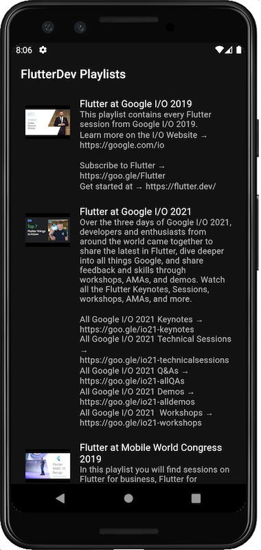 The app showing the playlists for the FlutterDev YouTube account