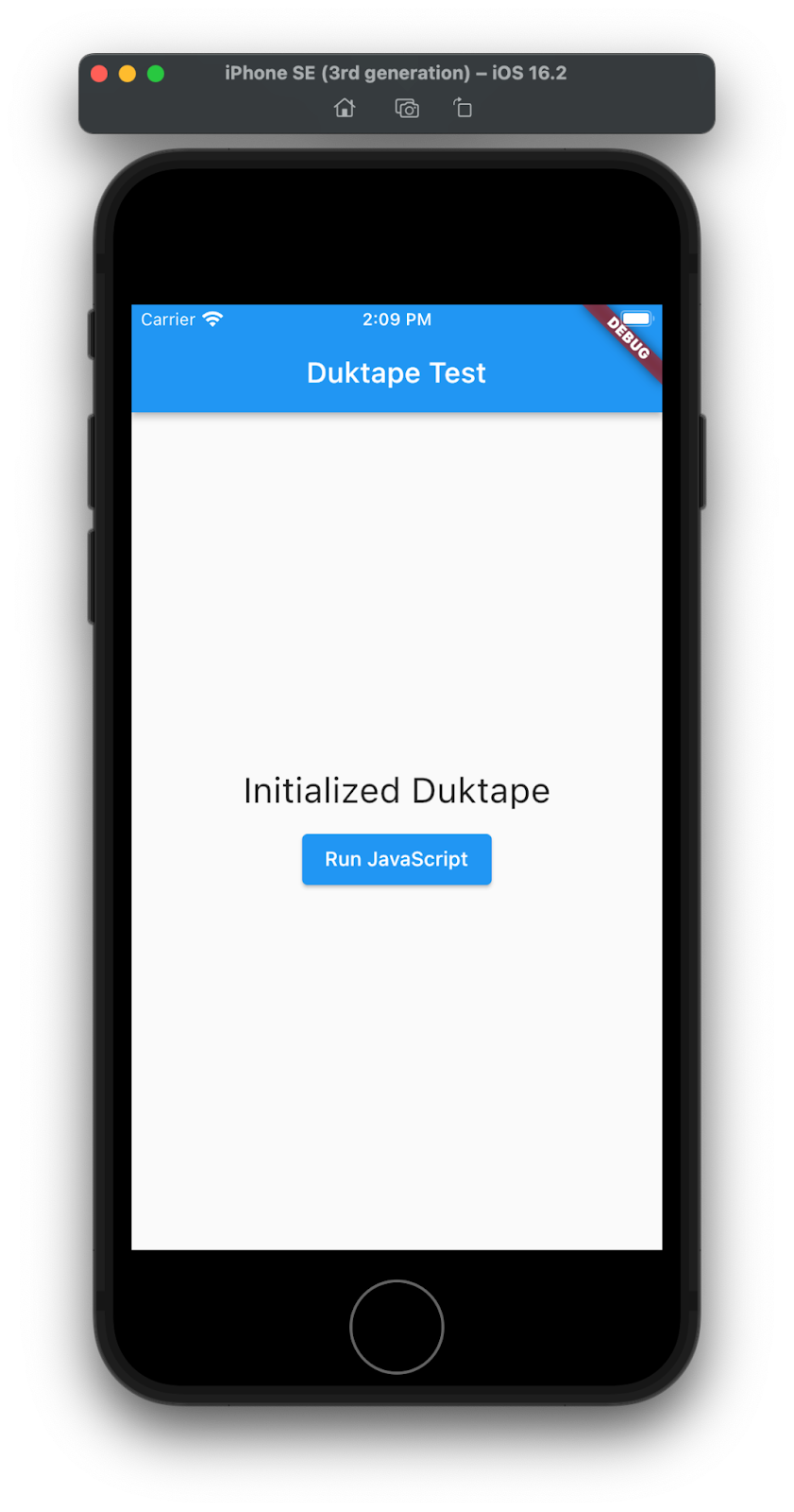 iOS सिम्युलेटर में शुरू किया गया Duktape दिखाया जा रहा है