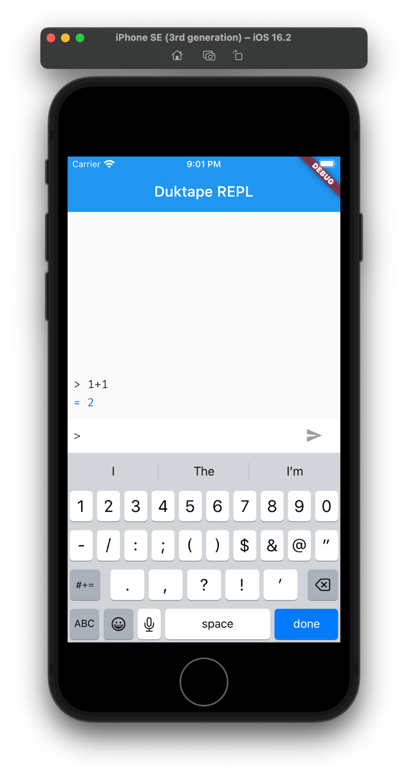 Duktape REPL in esecuzione in un simulatore iOS