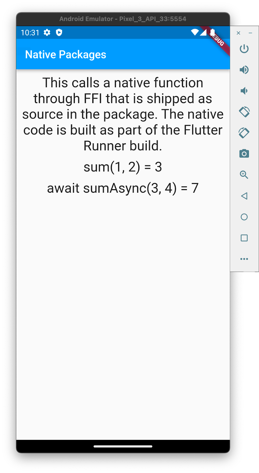 Template generated FFI app running in an Android emulator