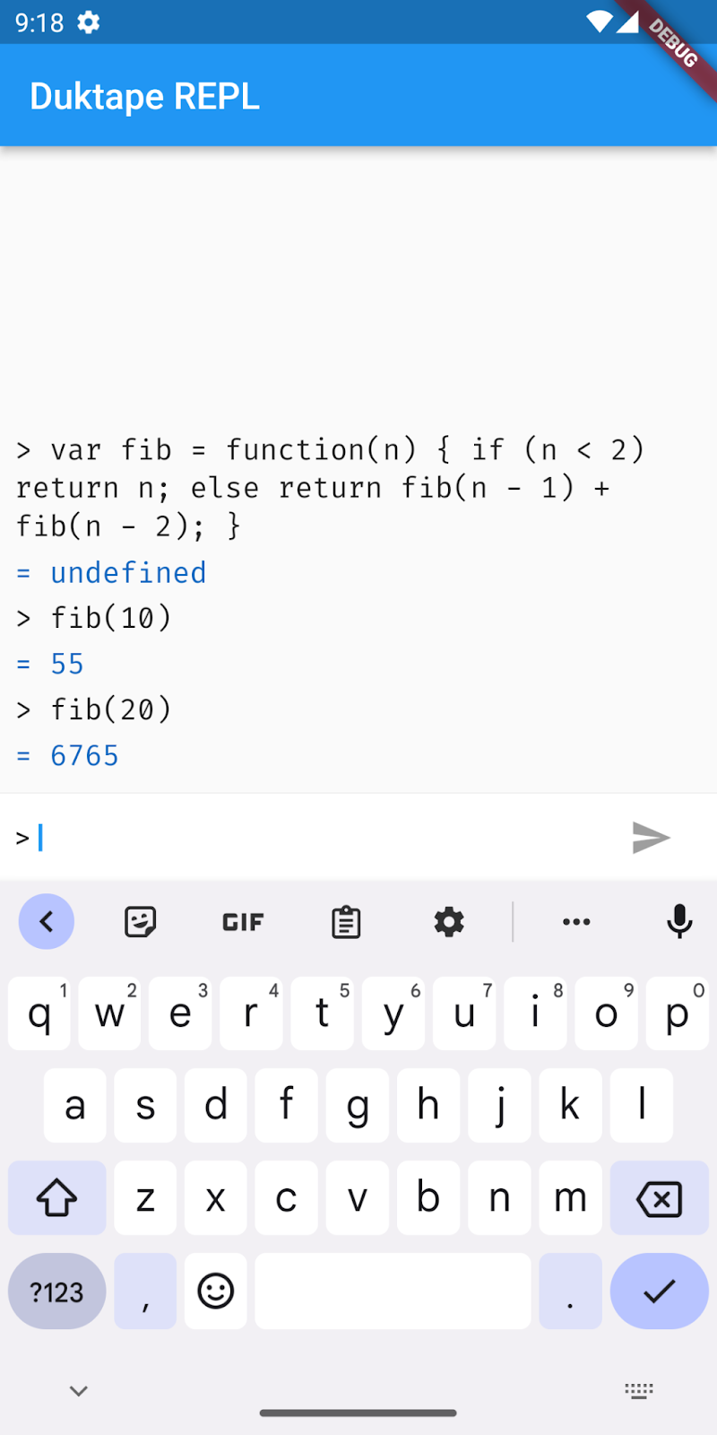 Duktape REPL ที่ทำงานในโปรแกรมจำลอง Android