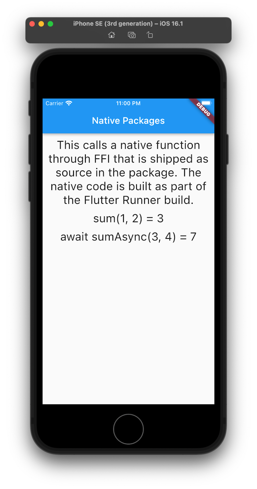 Template generated FFI app running in an iOS simulator