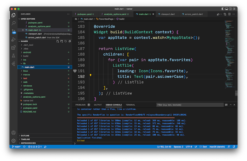 A screenshot of VS Code with some Flutter code