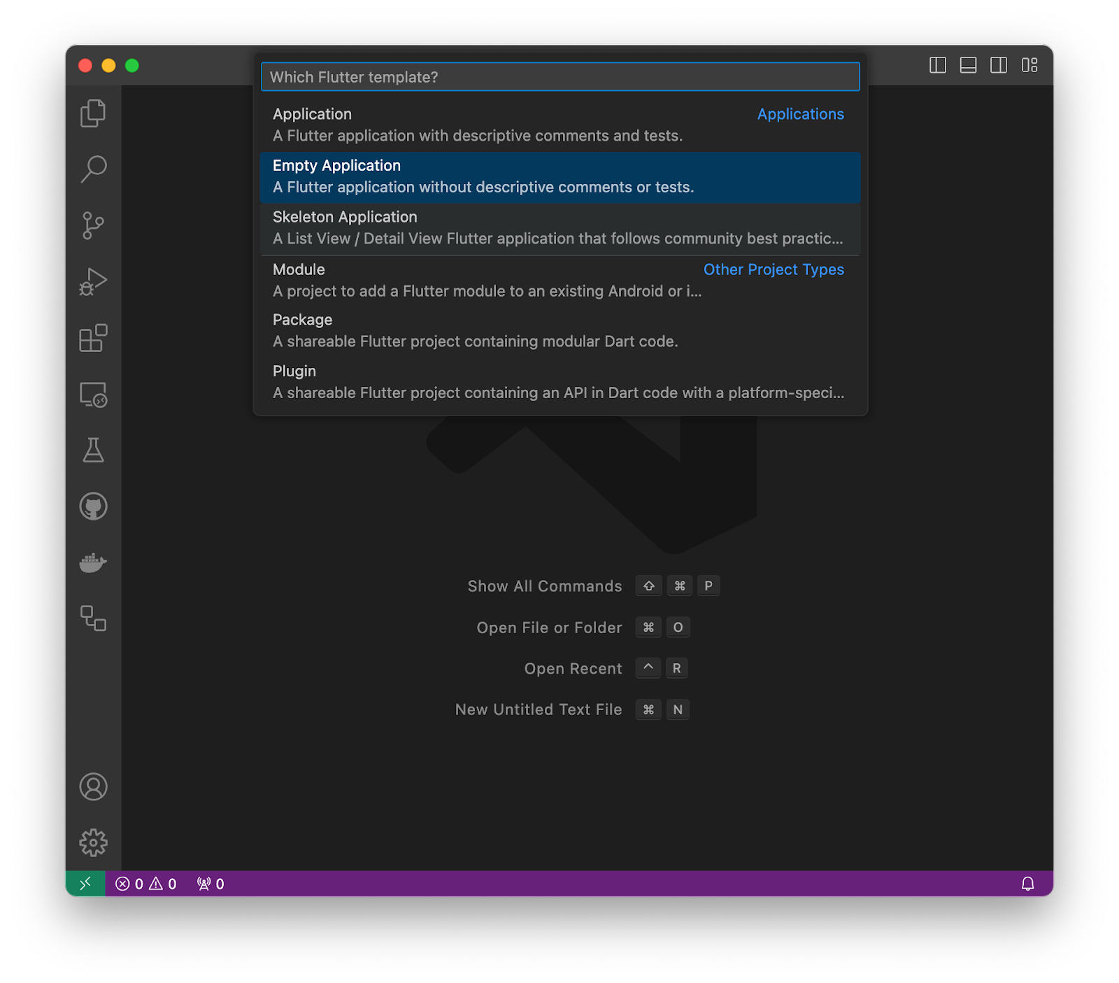 A screenshot of VS Code with Empty Application shown as selected as part of the new application flow