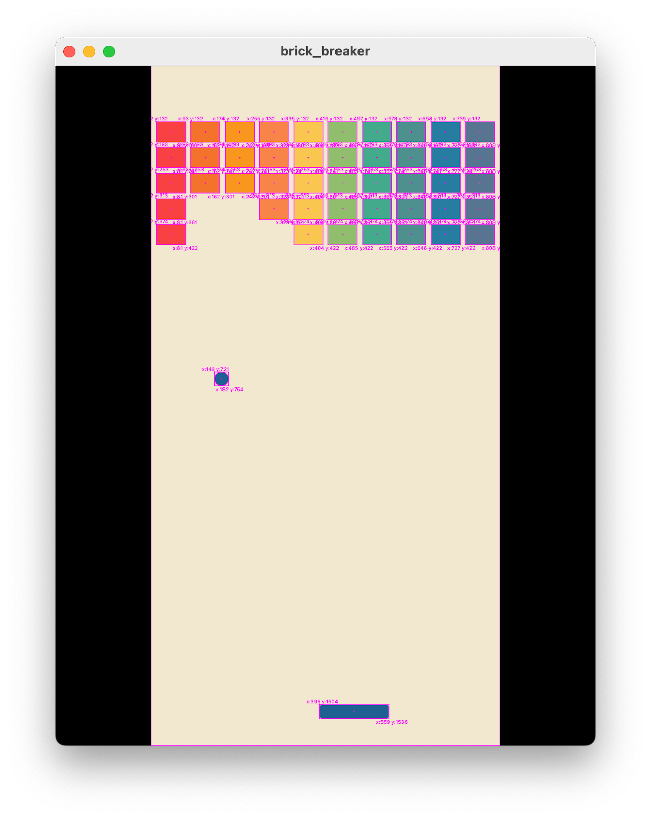 A screen shot showing brick_breaker with ball, bat, and most of the bricks on the playing area. Each of the components has debugging labels