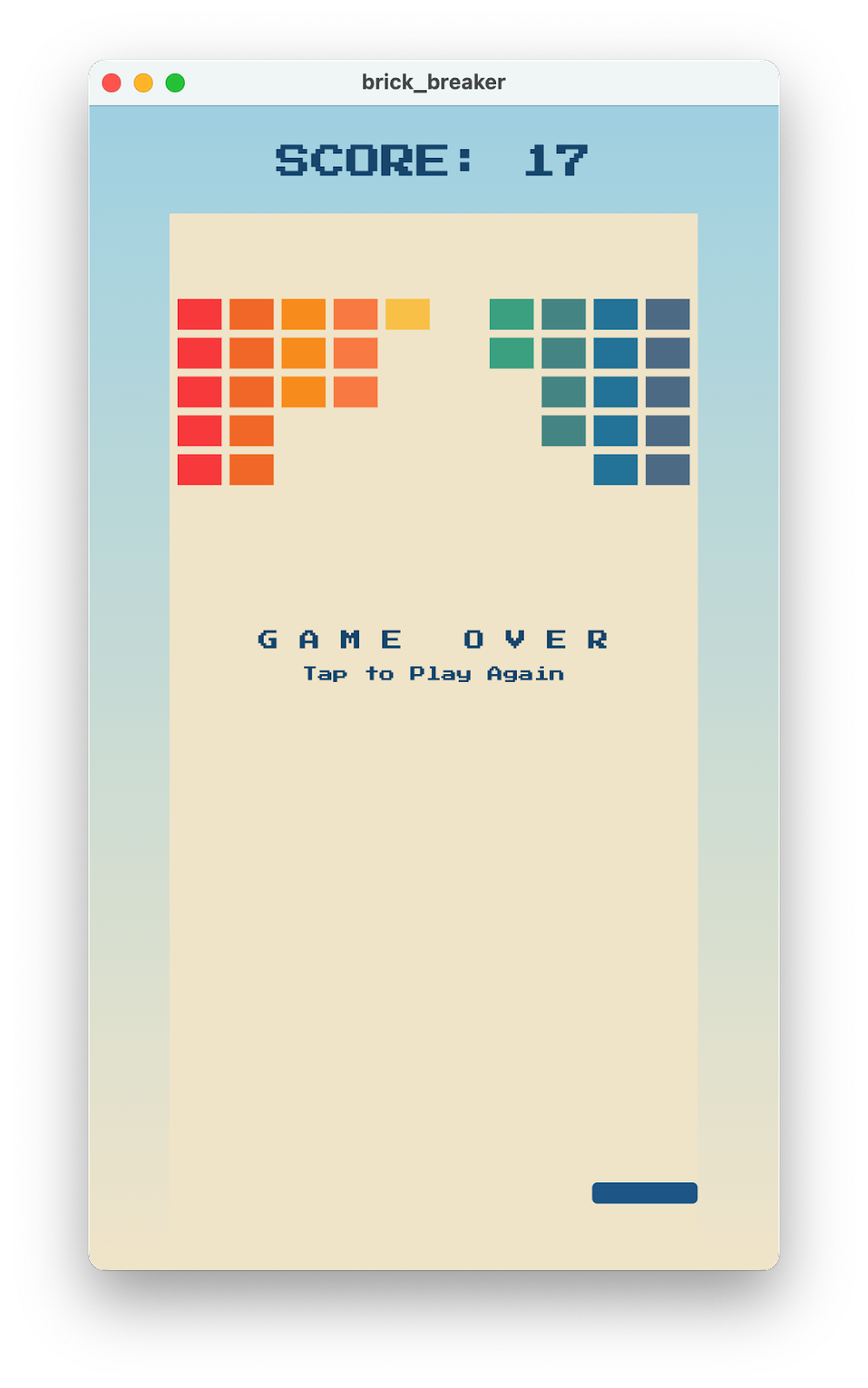 ภาพหน้าจอของ brick_breaker แสดงหน้าจอเกมโอเวอร์ที่วางซ้อนอยู่บนค้างคาวและอิฐบางส่วน