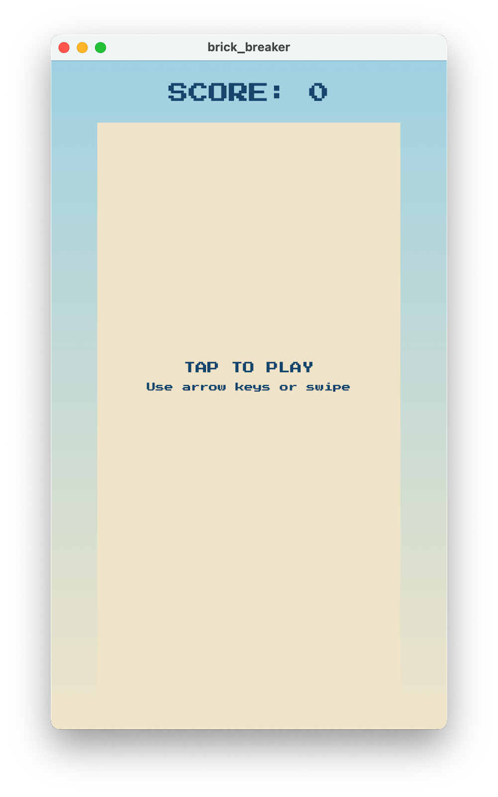 A screen shot of brick_breaker showing the pre-game screen inviting the user to tap the screen to play the game