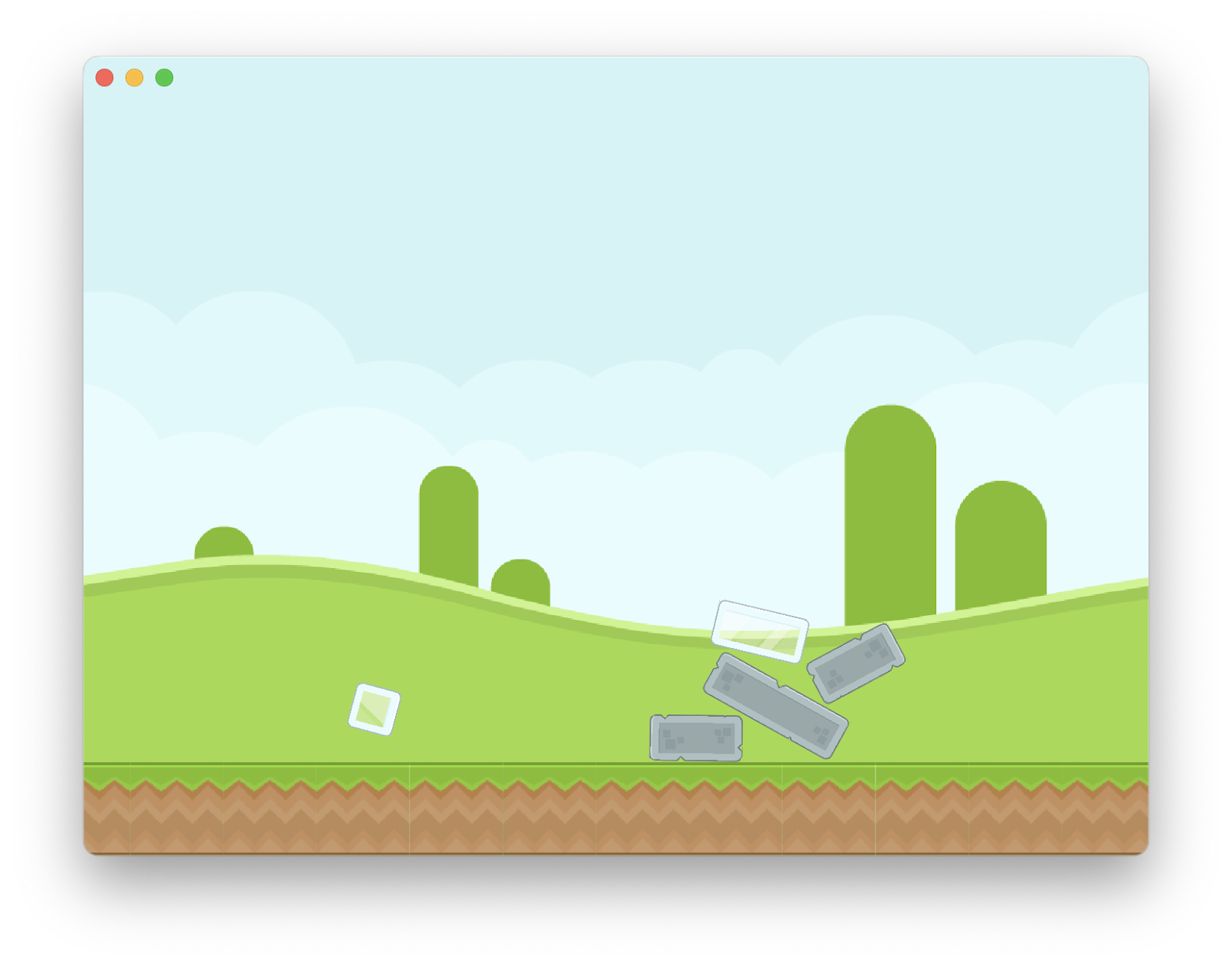 La ventana de una app con colinas verdes en el fondo, una capa de suelo y bloques que aterrizan en el suelo.